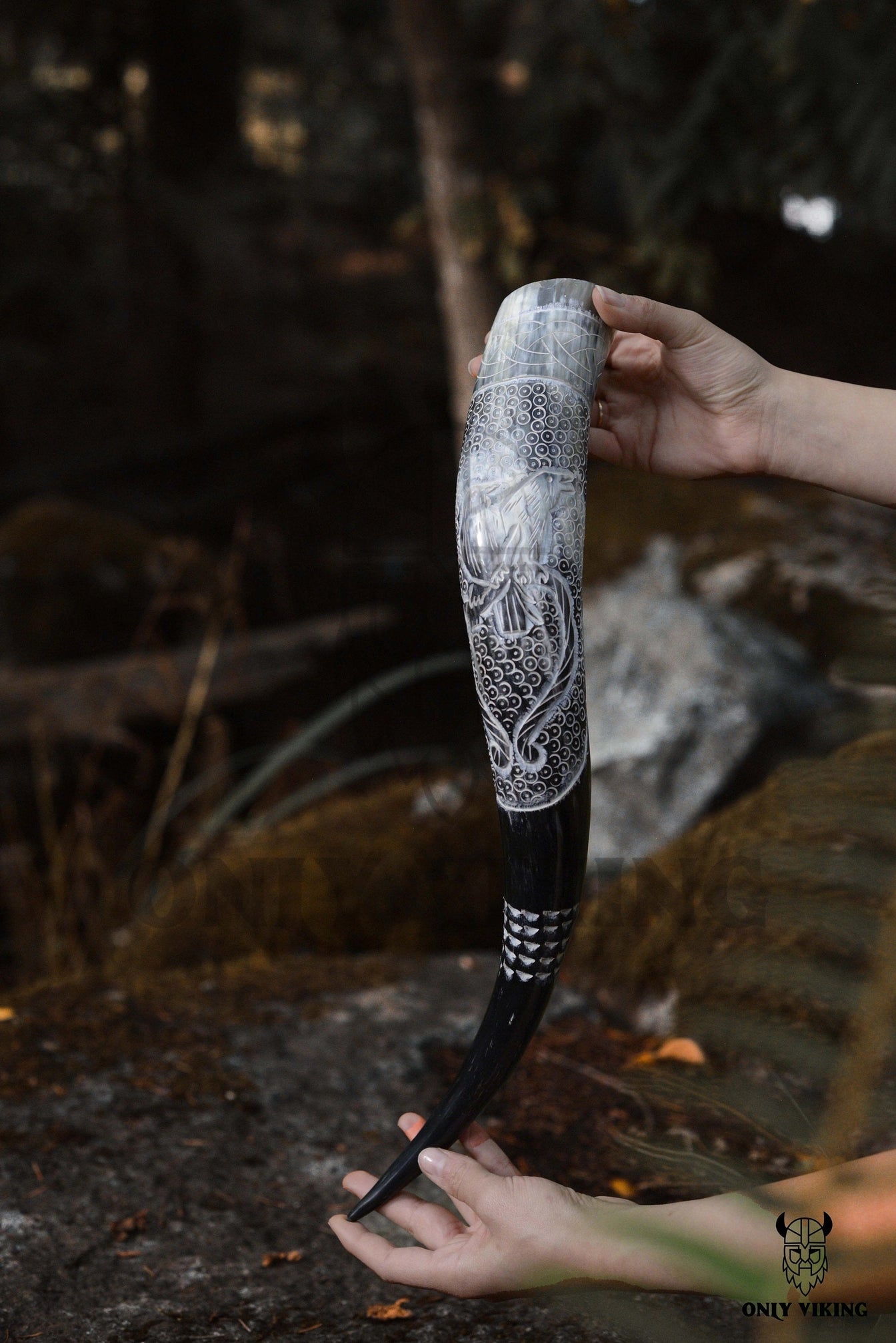 Handcrafted Drinking Horn with Metal Stand