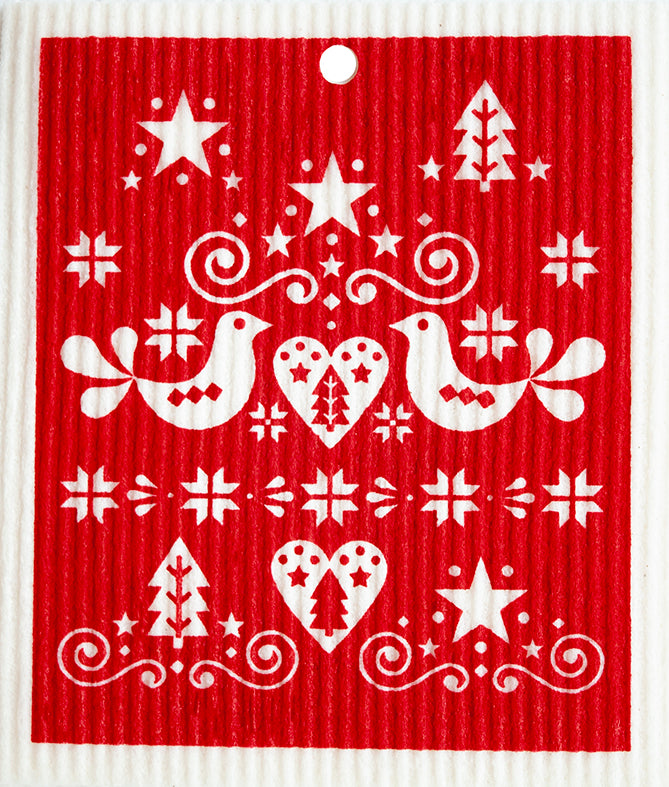 Red Christmas Birds Swedish Wash cloth