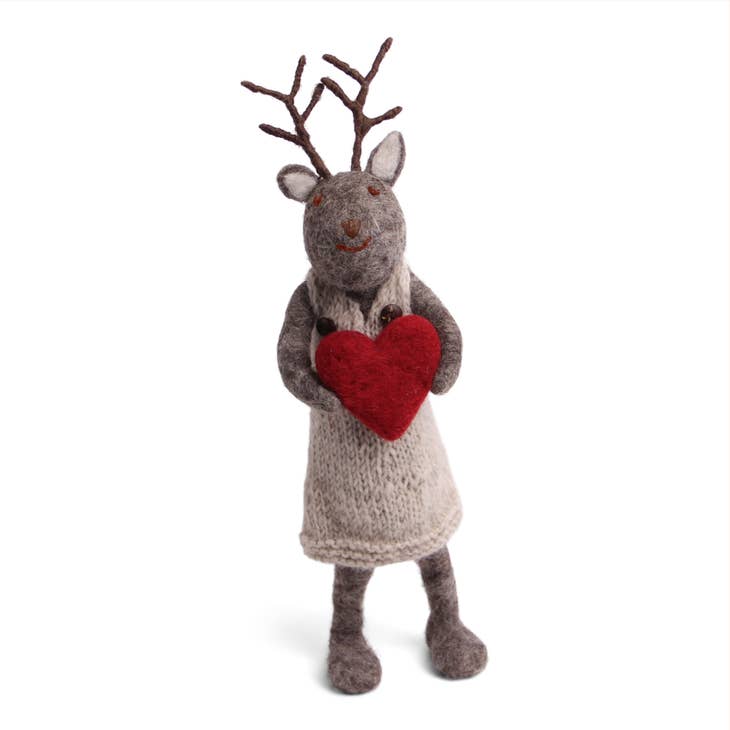 14" Hand Felted Big Grey Girly Deer with Heart