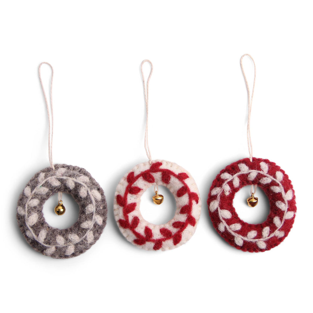 Hand Felted Mini Wreath Ornament Set of 3