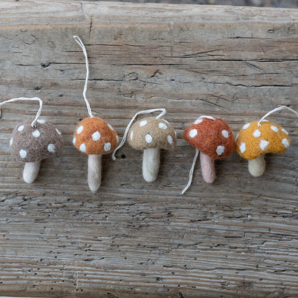 Hand Felted Rusty Red Mushroom Ornament Set of 5