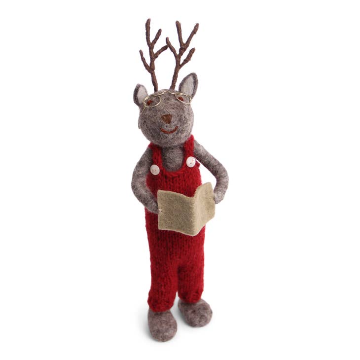 14" Hand Felted Big Grey Boy Deer with Book