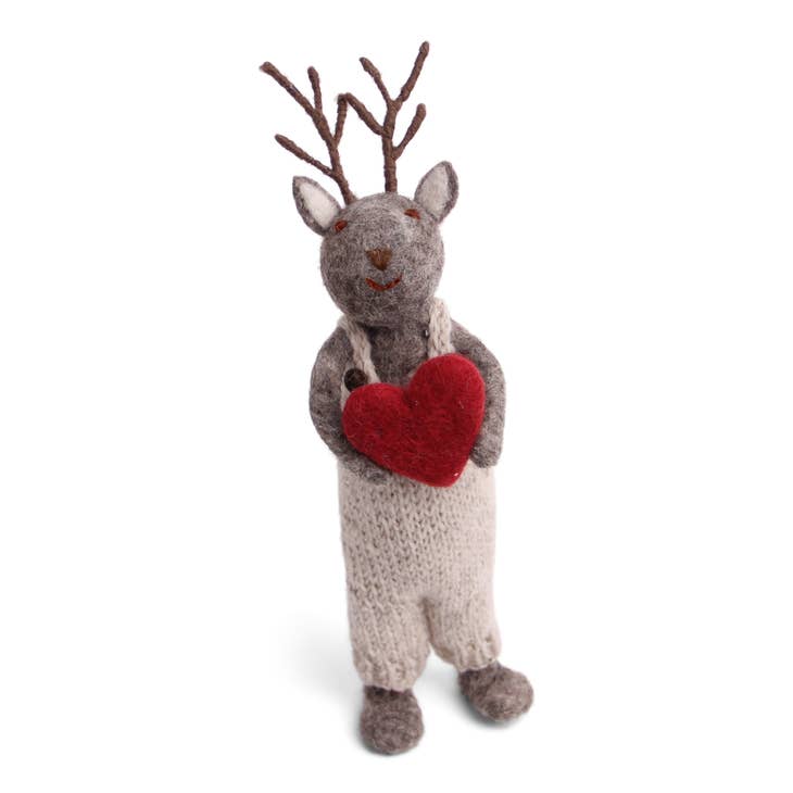 14" Hand Felted Big Grey Boy Deer with Heart