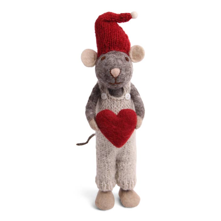 14" Hand Felted Big Grey Boy Mouse with Heart